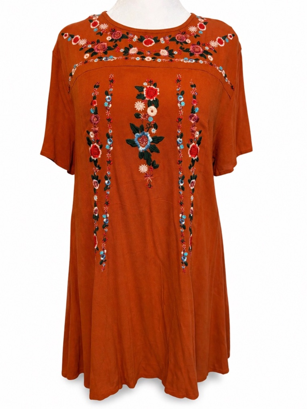 NWT Umgee Rust Embroidered Dress Boho Floral Tunic Shift Size Large
